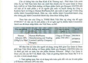 Tạm ngừng lưu hành một số lô sinh phẩm y tế do nghi ngờ nhiễm bệnh Creutzfeld-Jakob